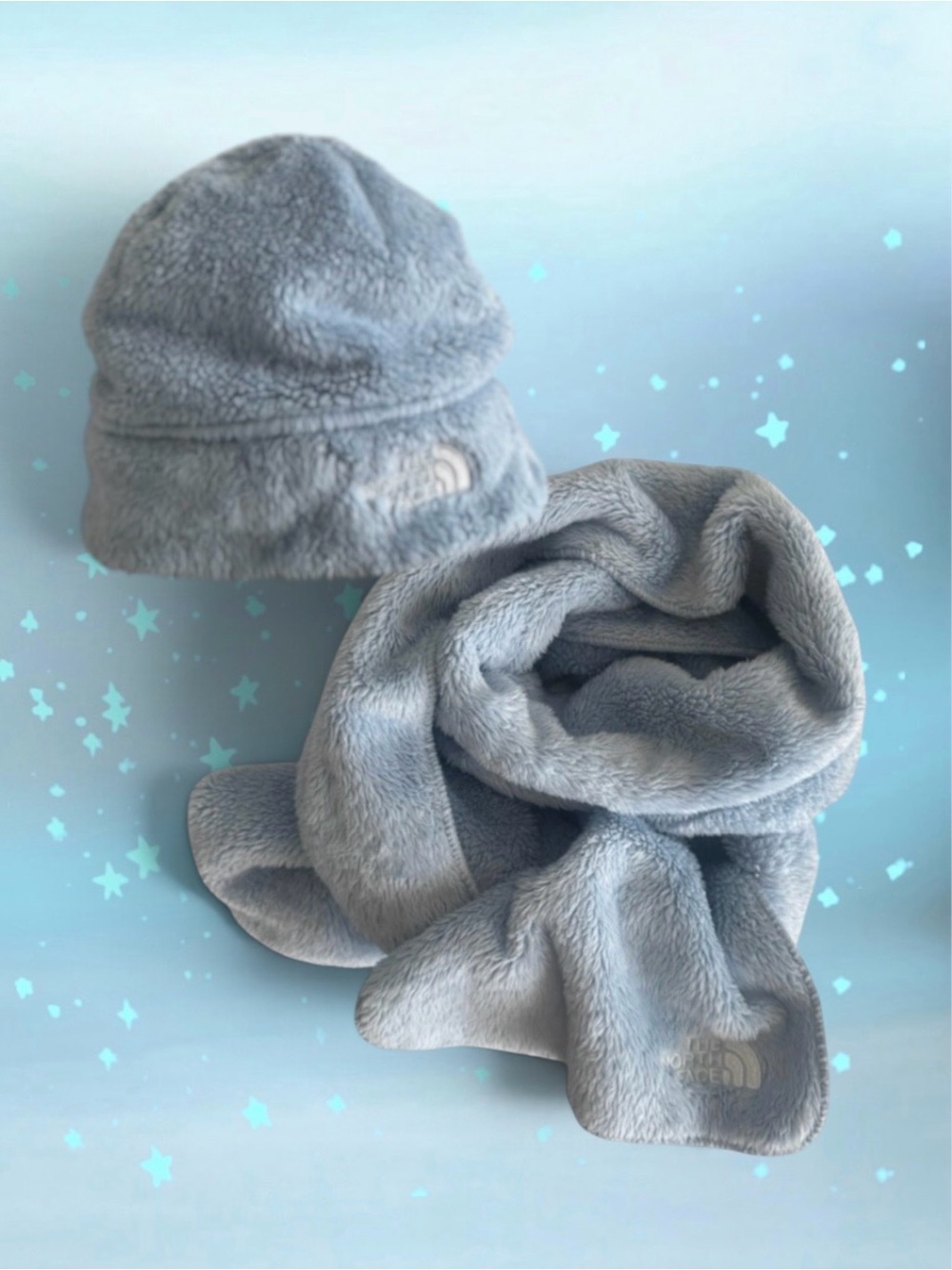 💕THE NORTH FACE Soft Fleece Hat/Beanie & Muffler/Scarf Set • Sky Blue • UNISEX